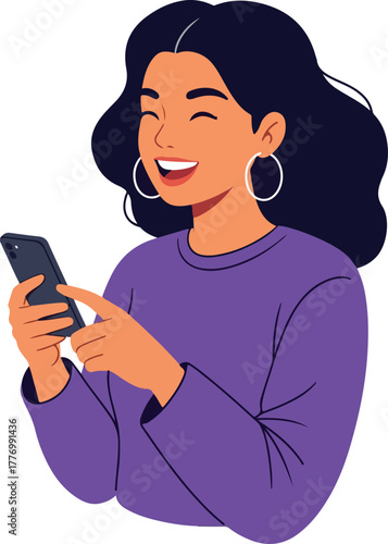 Happy Woman Smiling While Texting On Phone Purple Sweater