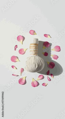 Herbal Compress Ball Surrounded by Pink Rose Petals Soft Lighting on White Background