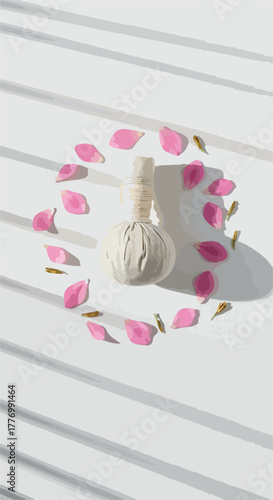 Herbal Compress Ball Surrounded by Pink Flower Petals Minimalist Flat Design