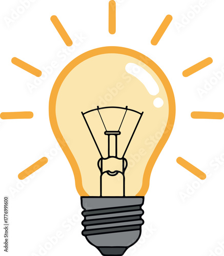 Illuminated Light Bulb Idea Symbol Yellow Glow Orange Rays Vector