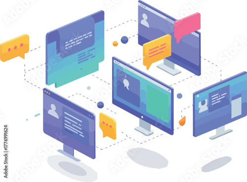 Isometric Digital Network Computers Chatting With Speech Bubbles