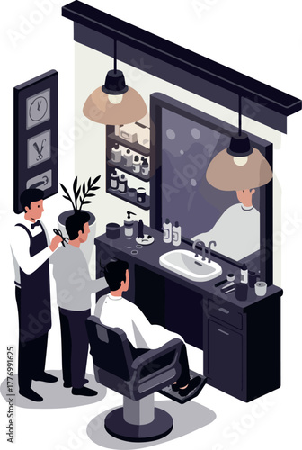 Isometric Barber Shop Scene with Two Barbers Cutting Hair Style