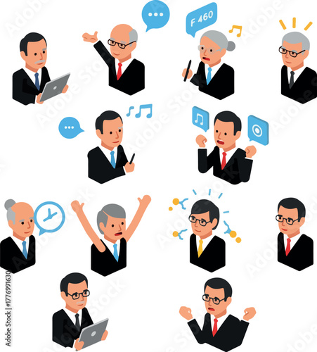 Isometric Businessmen Characters Diverse Emotions and Actions Flat Design