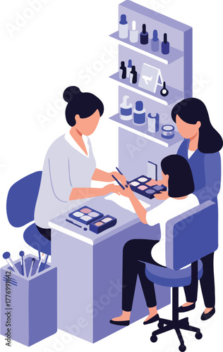 Isometric Makeup Artist Applying Eyeshadow To Client At Vanity Table
