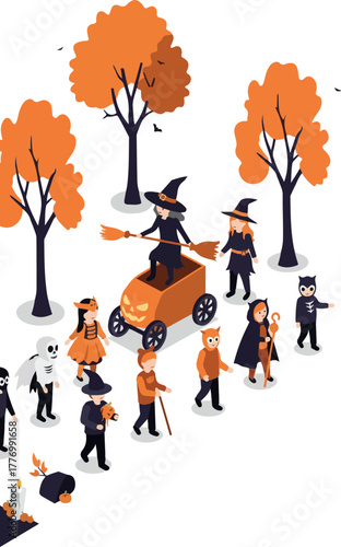Isometric Halloween Pixel Art Characters and Trees Autumn Orange Tones