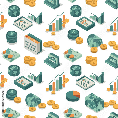 Isometric Finance Pattern With Money Charts And Graphs