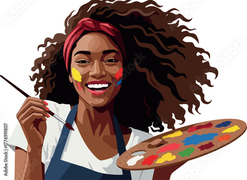 Joyful Artist Woman Painting Palette Colorful Face White T-Shirt Blue Apron