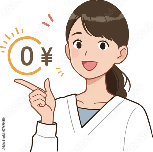 Japanese Woman Points to Zero Yen Icon Joyful Flat Design Illustration
