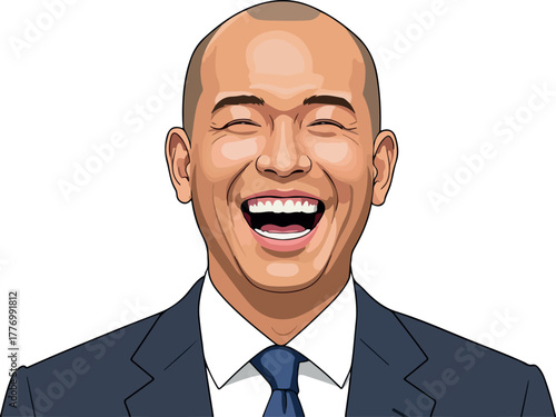Joyful Asian Man Laughing in Dark Suit Isolated Vector Art