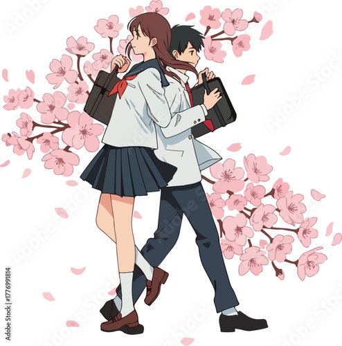 Japanese Students Walking Sakura Tree Blossoms Pink Petals Anime Style