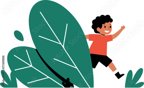 Joyful Boy Playing Outdoors Among Greenery Flat Design Vector