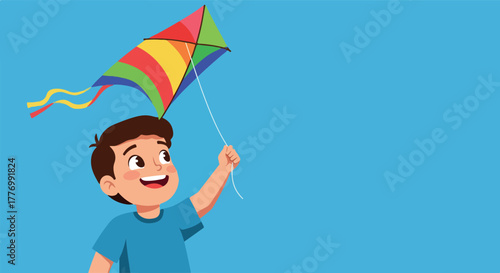 Joyful Boy Flying Colorful Kite on a Blue Sky Day Flat Design