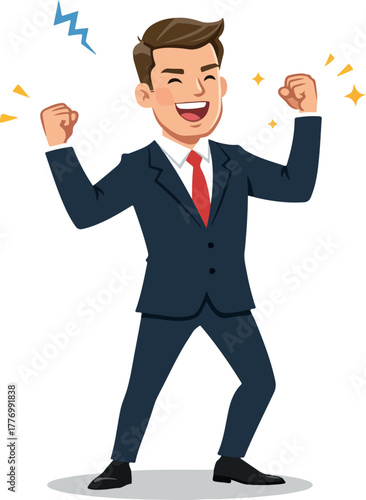 Joyful Businessman Celebrating Success in Navy Suit with Red Tie