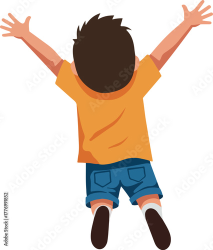 Joyful Boy With Arms Raised Orange Shirt Blue Shorts White Background Isolated