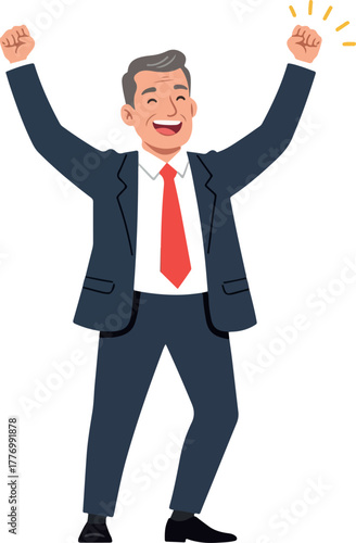 Joyful Businessman With Hands Raised In Celebration Flat Design Style