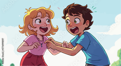 Joyful Children Dancing Outdoors Under Sunny Sky