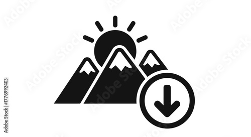 Minimalist icon depicting mountains a rising sun and a download symbol