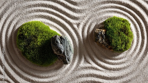 Find inner peace with this serene zen garden featuring mossy stones and raked sand, perfect for meditation or mindful reflection in your home or office