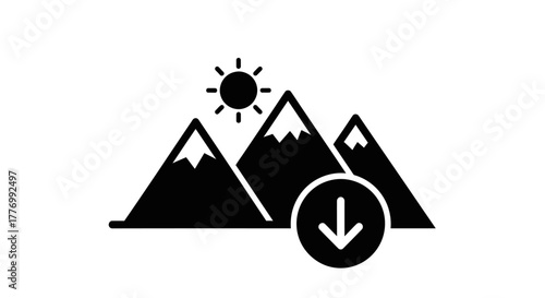 Simple mountain landscape icon with sun and downward pointing arrow design