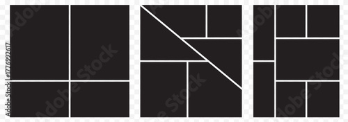 Image collage layout template set. Black mosaic mood board grid collection. 6 picture slot composition arrangement. Photo album or memory wall idea for banner, poster, mockup, flyer, brochure. EPS 10.