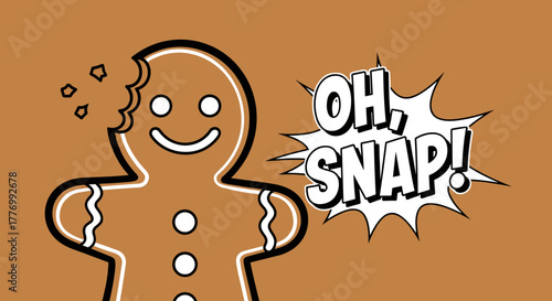Humorous cartoon illustration of a bitten gingerbread man cookie with a comic speech bubble saying "OH, SNAP!" on a warm brown background.