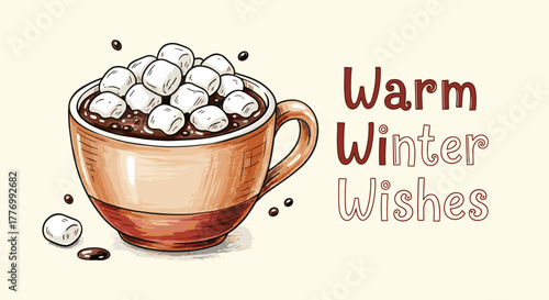 Warm Winter Wishes hot chocolate mug with marshmallows, cozy beverage illustration