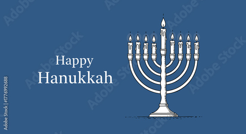 Happy Hanukkah greeting card with a traditional menorah and nine lit candles on a blue background, celebrating the Jewish festival of lights