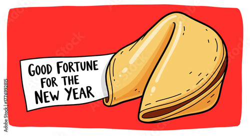 Good Fortune for the New Year message on a cartoon fortune cookie illustration
