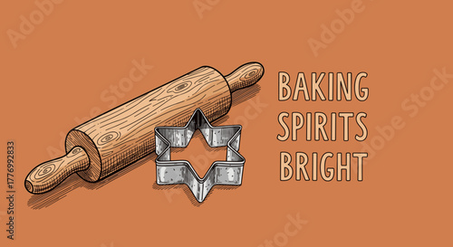 Baking Spirits Bright text with wooden rolling pin and star cookie cutter on brown background, holiday season baking concept