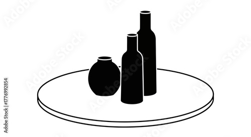 Simple black and white illustration of assorted bottles and vase arrangement