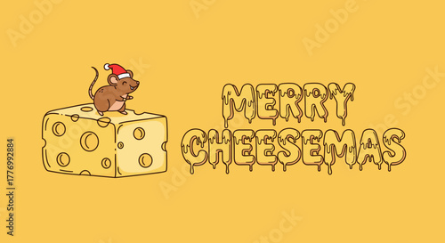 Merry Cheesemas Holiday Greeting Card with Cute Cartoon Mouse in Santa Hat on Swiss Cheese Block, Festive Food Pun Design