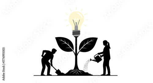 Growing ideas a lightbulb plant nurtured by people in silhouette