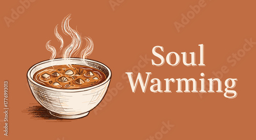 Soul Warming hot soup or stew in a bowl, comforting and delicious meal for cold weather, hand-drawn illustration style