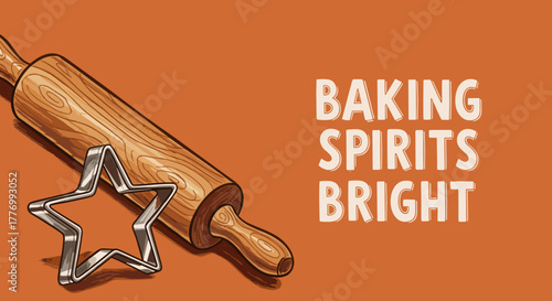 Baking Spirits Bright with a Wooden Rolling Pin and Star Cookie Cutter on an Orange Background for Holiday Treats
