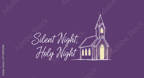 Silent Night, Holy Night Christmas Carol with Church Illustration on Purple Background