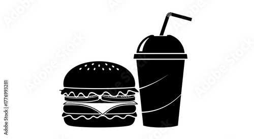 Simple black and white illustration of a burger and soft drink
