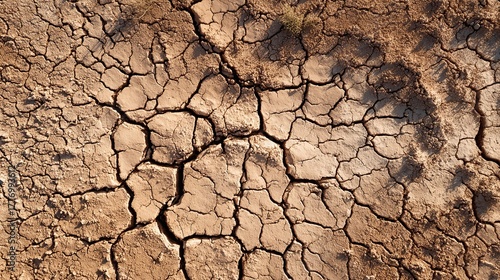 Parched earth reveals drought's impact, creating a stark landscape of cracked soil and arid conditions, perfect for illustrating climate change and desertification