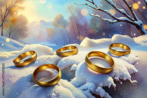 Five gold rings. Fifth day of the 12 days of Christmas. Watercolor style.