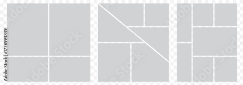 Image collage layout template. Grey mosaic mood board grid collection. Picture frame set. Photo album idea for banner, poster, comic page, flyer, brochure, booklet, memory wall design. Vector Eps 10.