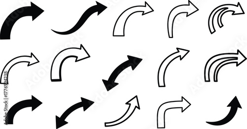 Arrow icon set, hand drawn arrows, sketch style, curved arrows, directional symbols, vector illustration, navigation, editable, isolated, grid layout