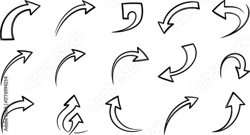 Curved arrow set, hand drawn arrows, sketch style, directional symbols, vector illustration, motion icons, editable, isolated, black and white