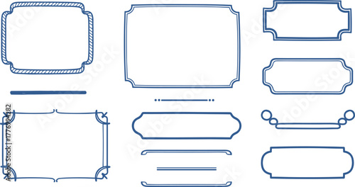 Decorative frame set, ornate borders, blue outline, curved edges, embellishments, vector illustration, editable, isolated, label design, certificate