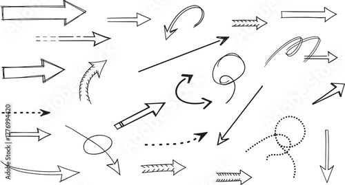 Hand drawn arrows, sketch style, curved and straight arrows, dashed lines, spiral arrows, vector illustration, editable, isolated, black