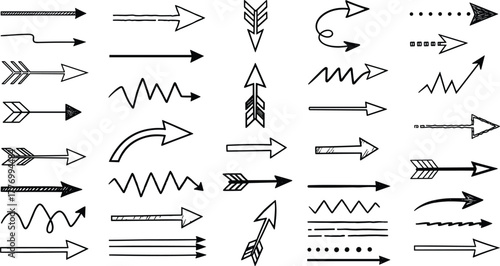 Hand drawn arrows, sketch style, directional icons, curved arrows, zigzag arrows, spiral shapes, vector illustration, editable, isolated, black