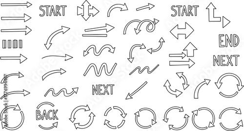 Hand drawn arrows, sketch style, directional symbols, curved arrows, flowchart elements, navigation icons, looping arrows, vector illustration, editable, isolated