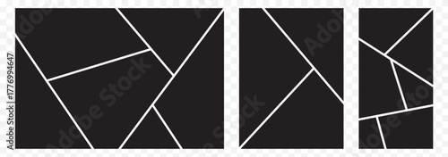 Image collage layout template set. Black mosaic mood board grid collection. 6 picture slot composition arrangement. Photo album or memory wall idea for banner, poster, mockup, flyer, brochure. EPS 10.