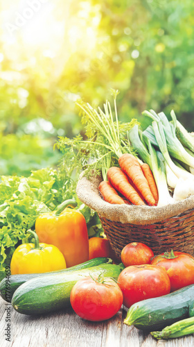 Freshly Harvested Vegetables in Wicker Basket on Rustic Wood Table, Outdoor Garden Setting with Sunlight, Healthy Eating and Farm to Table Concept