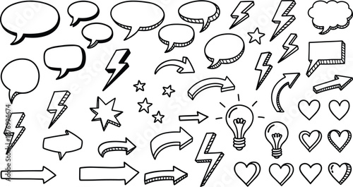 Hand drawn doodles, sketch icons, speech bubbles, arrows, lightning bolts, stars, hearts, light bulbs, vector illustration, editable, isolated