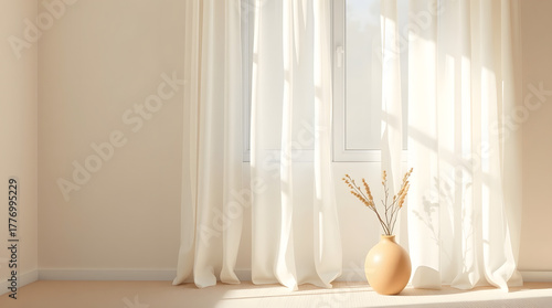 A serene and minimalist room with morning sunlight streaming through a sheer curtain, illuminating a vase with dried wheat