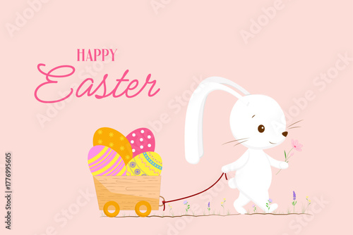 Cute white bunny pulls a cart full of colorful Easter eggs. "Happy Easter" text on pink background, perfect for festive cards and decorations.